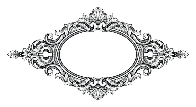 Ornate decorative frame featuring elaborate scrollwork and shell motifs for elegant invitations