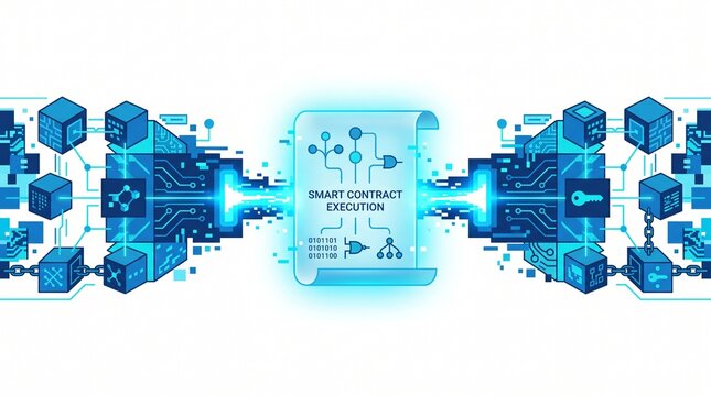 Smart Contract Execution, blockchain technology, digital ledger, secure transaction processing, decentralized finance, cryptocurrency, fintech, data security, futuristic network, cyber security