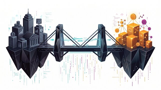 Digital transformation bridge connecting traditional city infrastructure with modern data technology. Futuristic urban landscape, data flow, and network connectivity illustration.