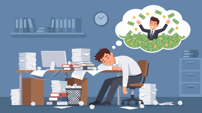 A completely exhausted office worker falls asleep at his messy cluttered desk while dreaming vividly about swimming in piles of money
dream