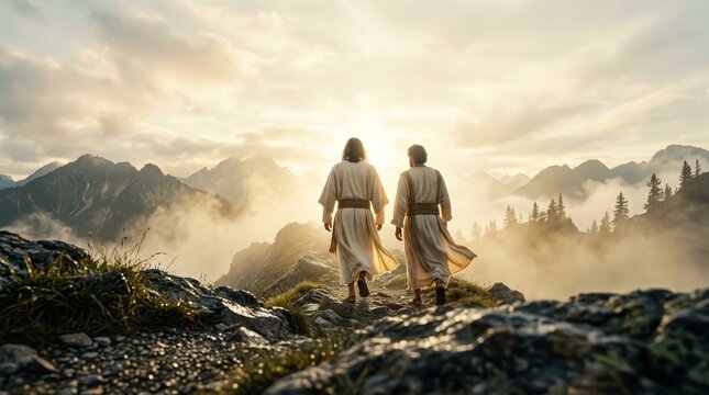 The Transfiguration of Jesus on the mountain with Moses and Elijah appearing in a divine setting.