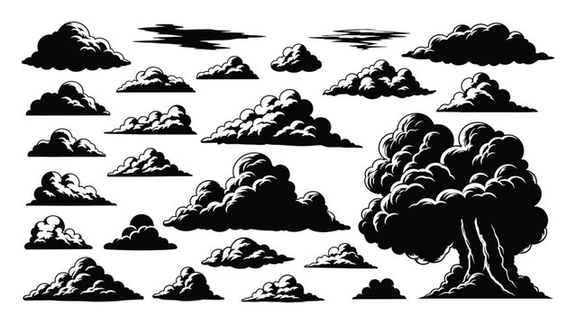 Assortment of dark cloud shapes for weather graphics storm effects or dramatic sky overlays