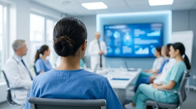 Faceless medical staff in scrubs attending a health safety training session in a hospital conference room.