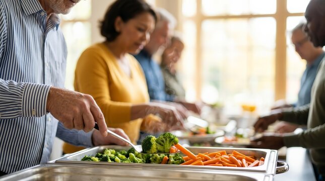 Volunteers at a church conference preparing healthy meals for attendees