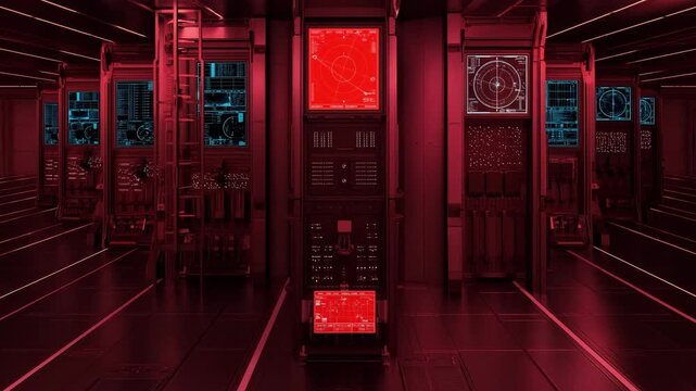 軍用ターミナルと戦術データが表示されるガンメタル製の照準コンソールのローアングル映像