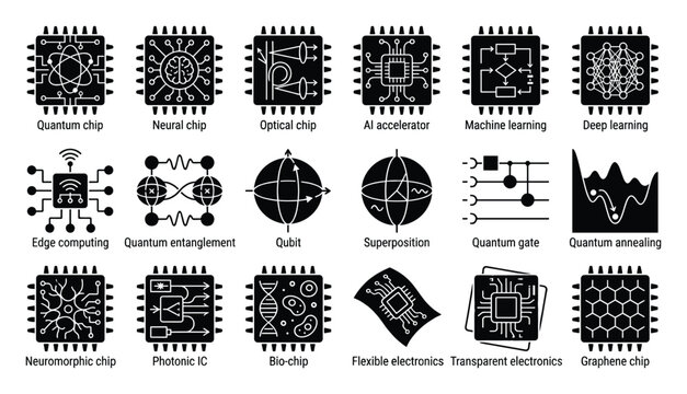 Advanced computing quantum technology and electronics chip icons for science innovation and education.