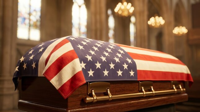 A flag-draped casket being carried by a military honor guard during a memorial service.