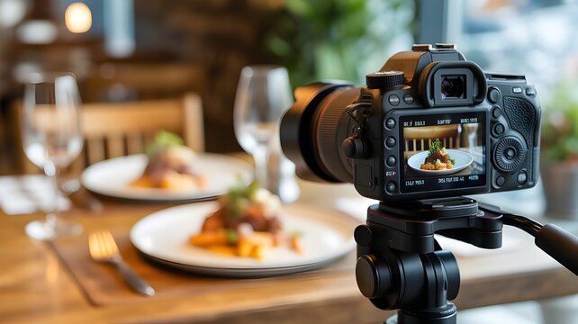 Food photography scene with professional camera on tripod capturing meal with soft lighting and restaurant environment background.