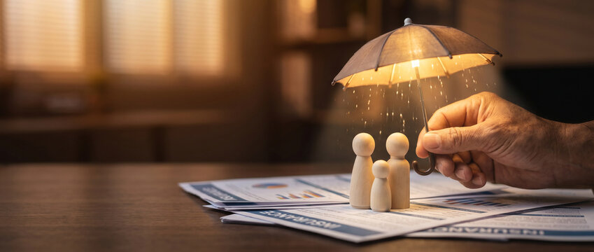 Wooden family figures sheltered by a small umbrella on financial documents, symbolizing insurance, financial protection, risk management, security and planning for family wellbeing and business stabil