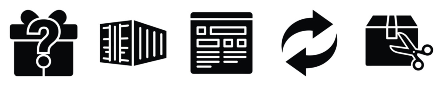 Modern black glyph icons for logistics and ecommerce operations including gift container document process and unboxing