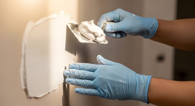 Worker using a metal spatula to apply plaster filler on a white wall