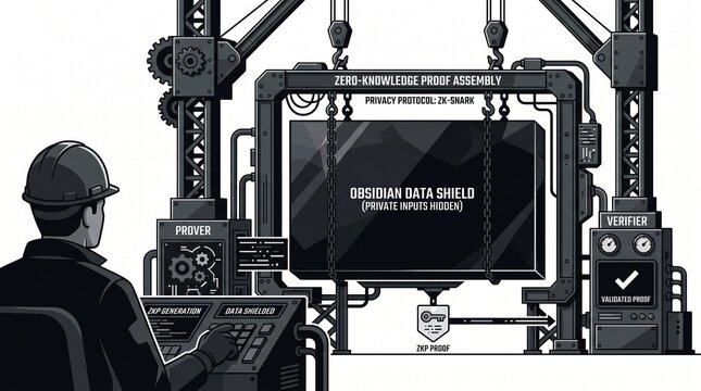 Zero-Knowledge Proof Assembly, a dark monochromatic illustration depicting a data shield and a worker operating a complex industrial machine, symbolizing advanced privacy protocols and secure