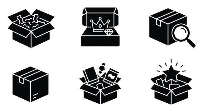 Black glyph icons showing delivery, gift, subscription, product inspection, and reward boxes