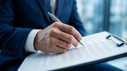 Fototapeta premium An entrepreneur carefully reviewing a checklist of company regulations, practices, policies, and procedures.