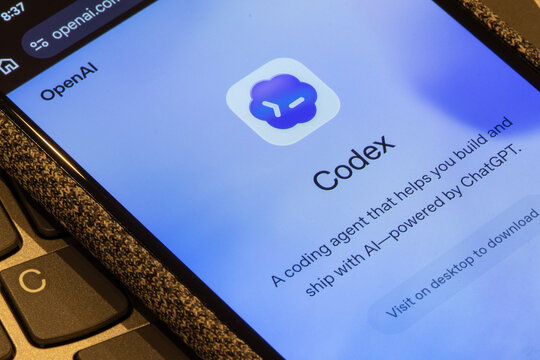 Portland, OR, USA - May 4, 2026: Webpage of Codex, an AI coding agent from OpenAI, is seen on the screen of a smartphone.