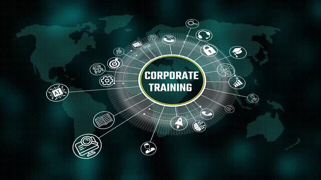 corporate training 3d illustration. Business, Technology, Internet and network concept. virtual screen of the future and sees the inscription. 4k video animation and world map