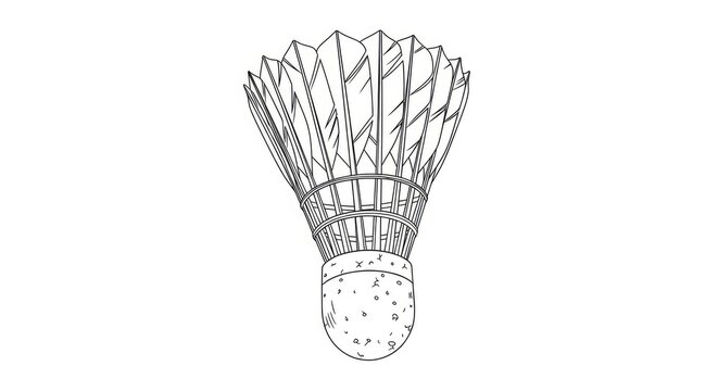 A detailed, black and white line drawing of a shuttlecock. The shuttlecock is centered on a white background.