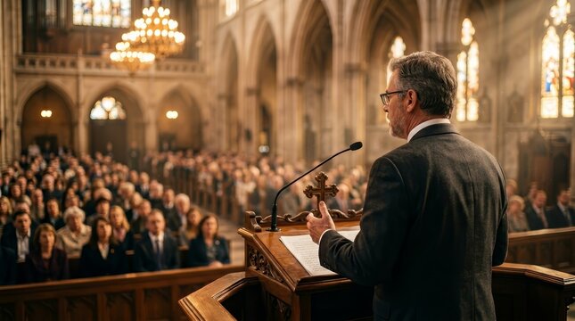 A pastor delivering a sermon to a congregation in a church with soft diffused light.
