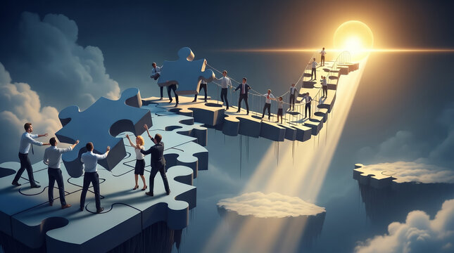 A surreal 3D illustration of a diverse business team shifting giant floating puzzle pieces to build a winding bridge toward a glowing golden goal. Concept of agile teamwork and non-linear growth.