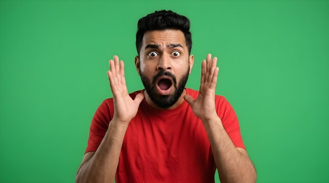 Surprised man in red shirt with green background