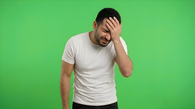 Man with hand on forehead in front of green background