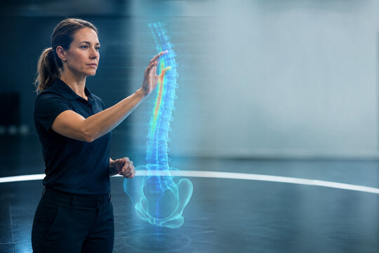 AI generated American female biomechanist analyzing hologram vertebral flexion map in futuristic spine mobility arena with advanced healthcare technology and clean medical innovation