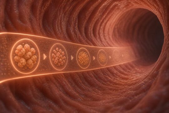 AI generated futuristic digestive tunnel with glowing chyme flow ribbon visualizing nutrient breakdown and microflow process in a clean biological environment with warm light and depth