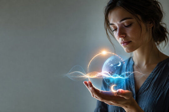 AI generated futuristic biorhythm wavefield with glowing hologram circadian cycle flowing like luminous tides soft lighting calm mood clean background for modern health technology concepts