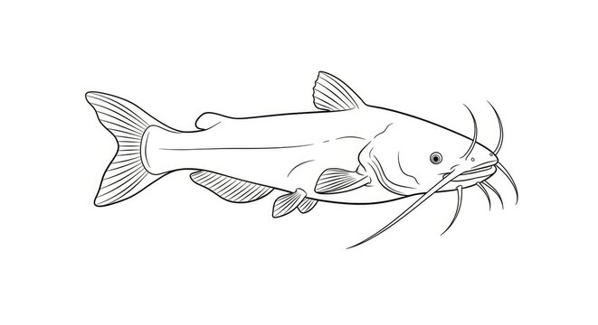 A catfish illustration is depicted in a side profile against a white background. The fish has a detailed outline, showcasing its distinctive features like whiskers, barbels, and a prominent tail.