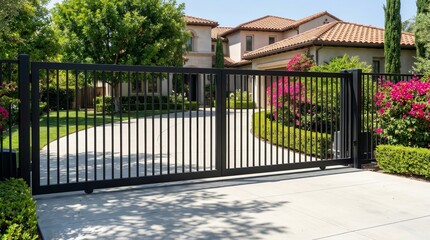 Fototapeta premium Black metal automatic sliding gates installed at a luxury residential driveway.