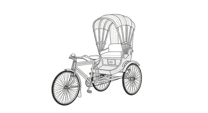 A vintage, black and white line drawing depicts a rickshaw, also known as a palki, resting on a plain white background.
