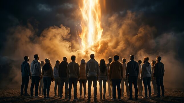 Pentecost scene with tongues of fire descending on a diverse group of people in unity.