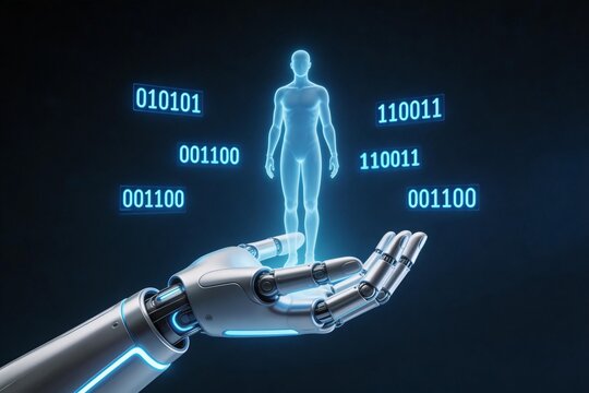 Robot hand with human figure and binary code