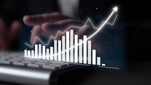 A close-up view of a hand typing on a keyboard with a digital graph displaying an upward trend, representing business growth and data-driven success in the modern workplace. Copula