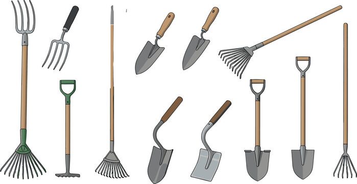 Hand Garden Tool Collection Featuring Rakes, Shovels, Pitchforks, Hoes, and Farming Equipment Vector Illustration Set