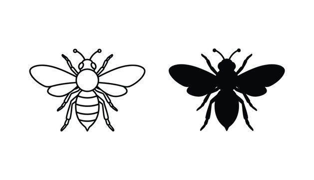 Bumble bee insect icon set featuring minimalist outline and solid black flat design styles for nature and environmental conservation branding projects isolated on white background