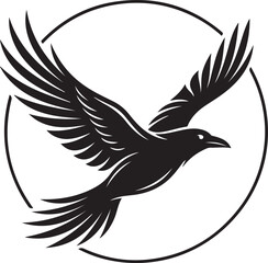 Fototapeta premium Flying Raven Logo Vector Illustration, Minimalist Black Crow Bird Symbol in Circular Frame, Gothic Crow Silhouette Icon Isolated