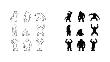 Ape and monkey character poses collection in minimalist line art and solid black silhouette styles for animation and mascot design © Echo