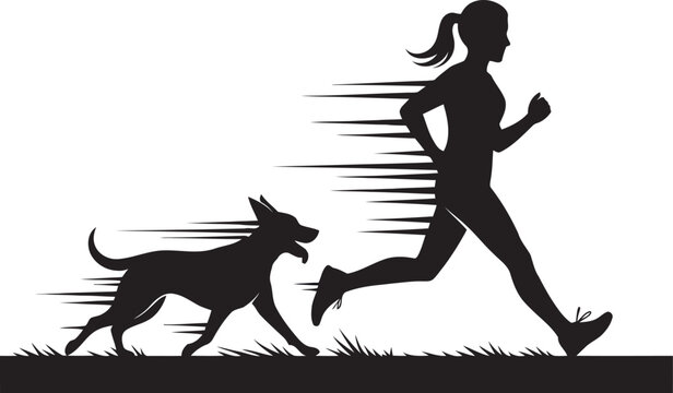 Silhouette of woman and dog running together on grass