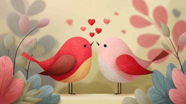 Charming and Colorful Illustration of Two Love Birds Sharing Affection with Hearts in a Delightful Nature Setting