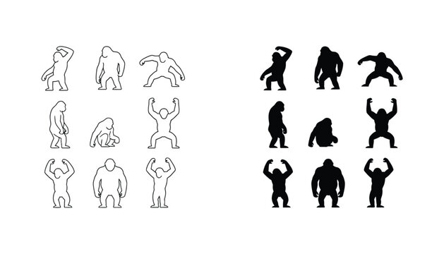 Ape and monkey character poses collection in minimalist line art and solid black silhouette styles for animation and mascot design