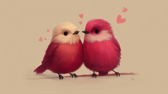 Two Charming Colorful Birds in Love with Hearts on a Soft Background Ideal for Romantic Artwork and Greeting Cards