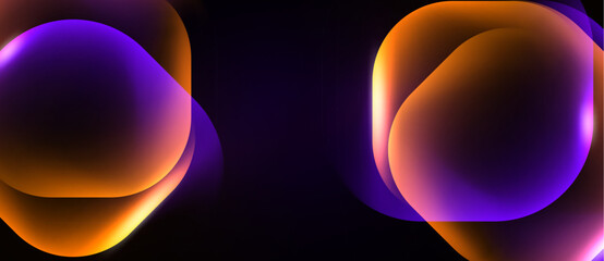 Fototapeta na wymiar Abstract shapes overlap, creating vibrant orange, purple gradients. Dark background emphasizes glowing forms, smooth transitions visible.