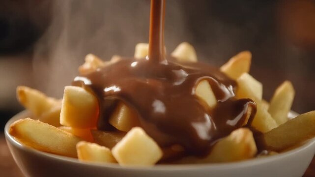 Poutine Close up Delicious Canadian Dish with Golden French Fries and Cheese Curds Being Covered in Gravy