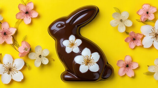 Chocolate bunny surrounded by delicate flowers on vibrant yellow background for festive spring or Easter celebration