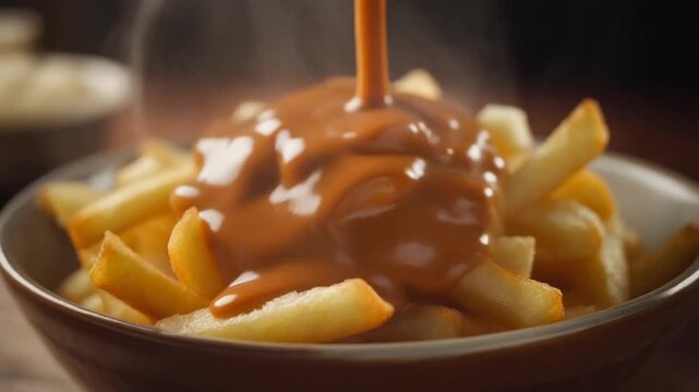 French Fries Delight Close up of Poutine Fries Served with Gravy in a Bowl a Delicious Culinary Treat