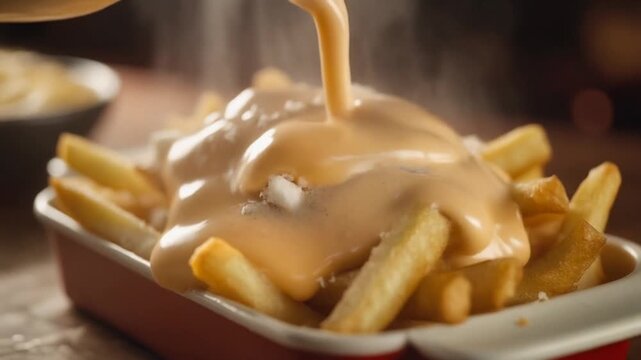 French Fries Poutine Preparation with Cheese Sauce Drizzle for Fast Food Restaurant Promotion Ad