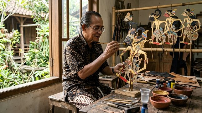 Skilled artisan painting traditional shadow puppets in workshop, cultural craftsmanship
