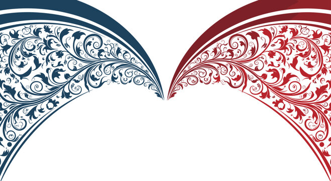 Symmetrical decorative border design featuring intricate blue and red floral scroll patterns with vintage swirls on a white background.