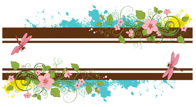Two horizontal decorative banners featuring pink hibiscus flowers, green vines, and dragonflies set against brown stripes and blue paint splashes.